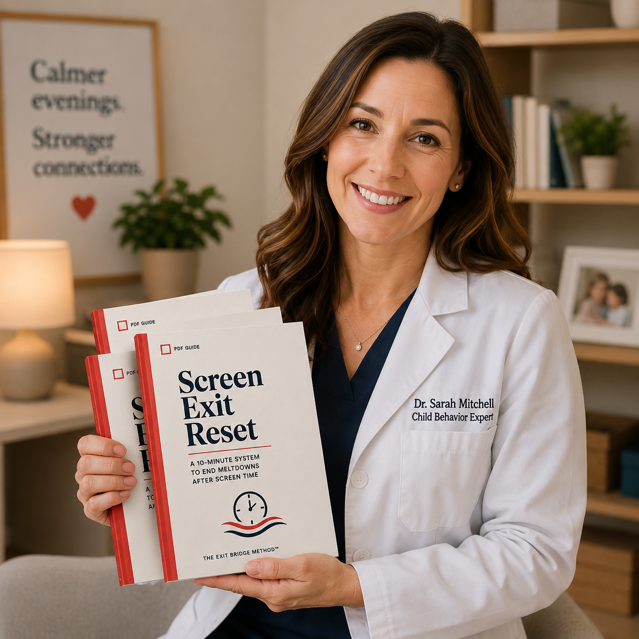 Dr. Sarah Mitchell holding the Screen Exit Reset PDF guide