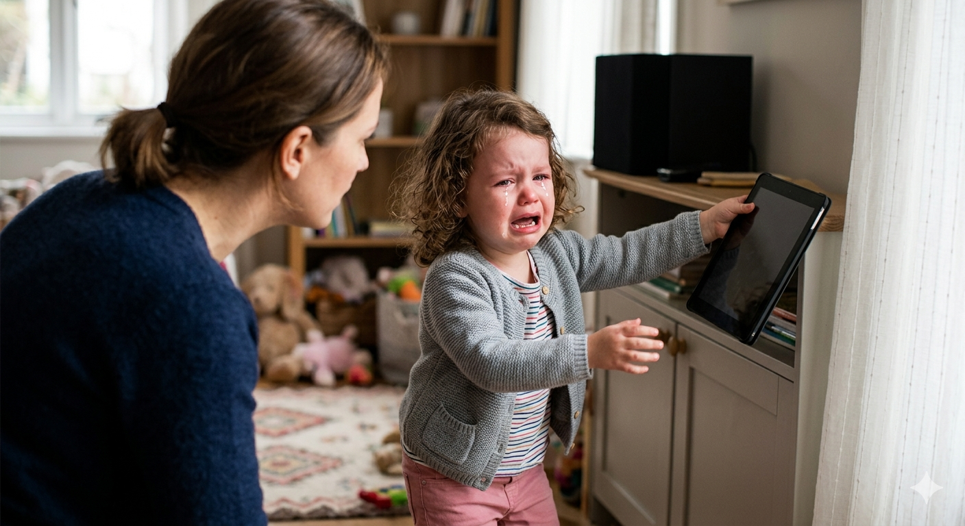 Crying child reaching for a tablet