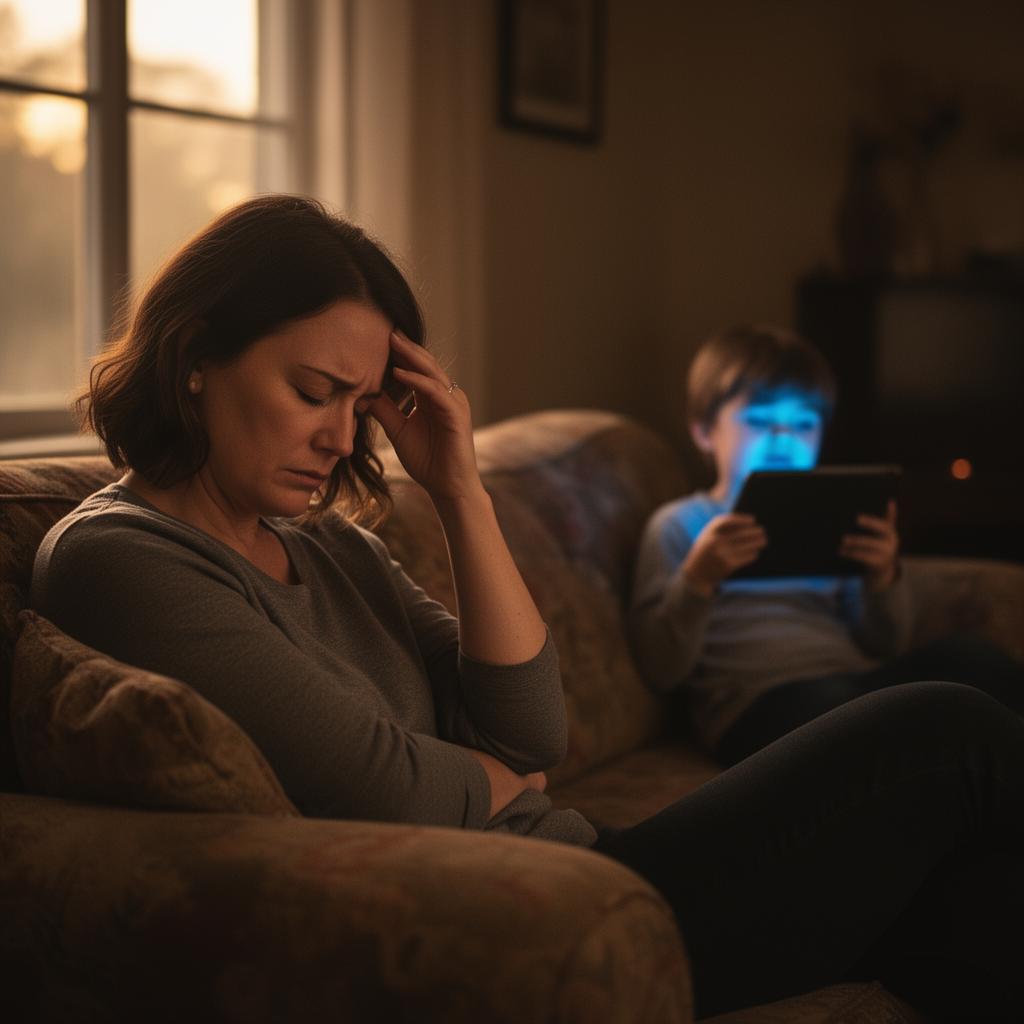 Exhausted mom on the couch while her child stares at a tablet
